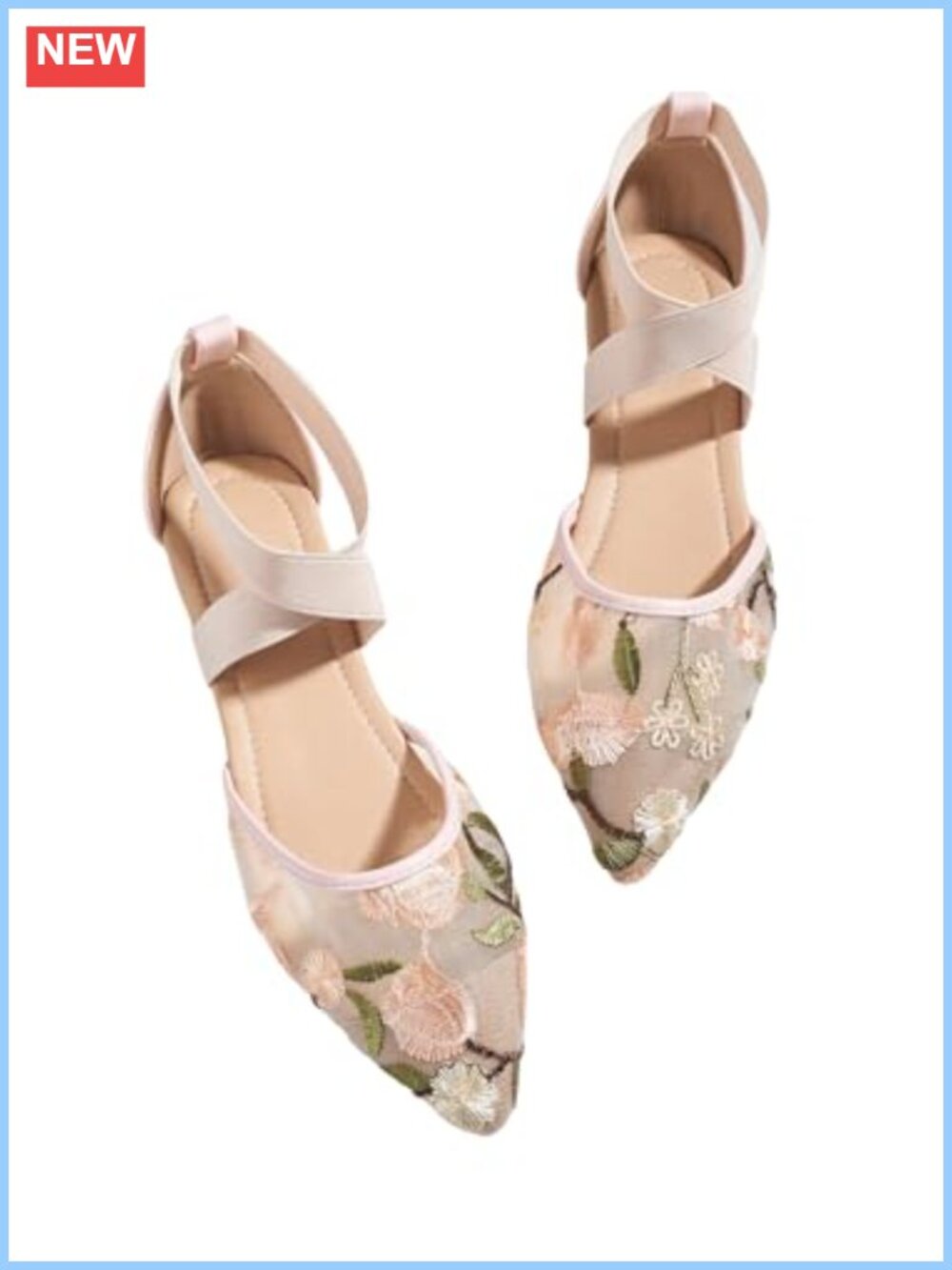 Floral Embroidery Mesh Ballet Flats Pointed Toe Ankle Strap Shoes